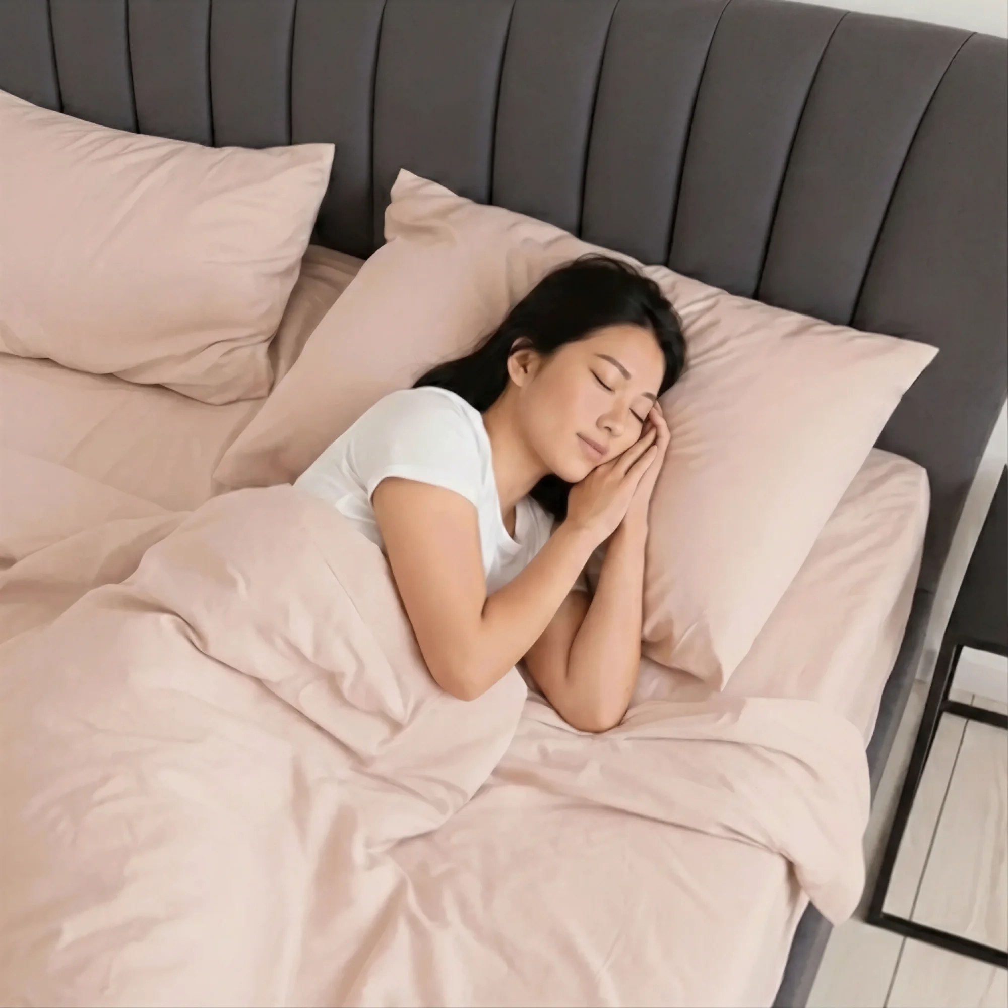 Woman sleeping peacefully under a soft pink bamboo weighted blanket and bamboo sheets in Singapore bedroom