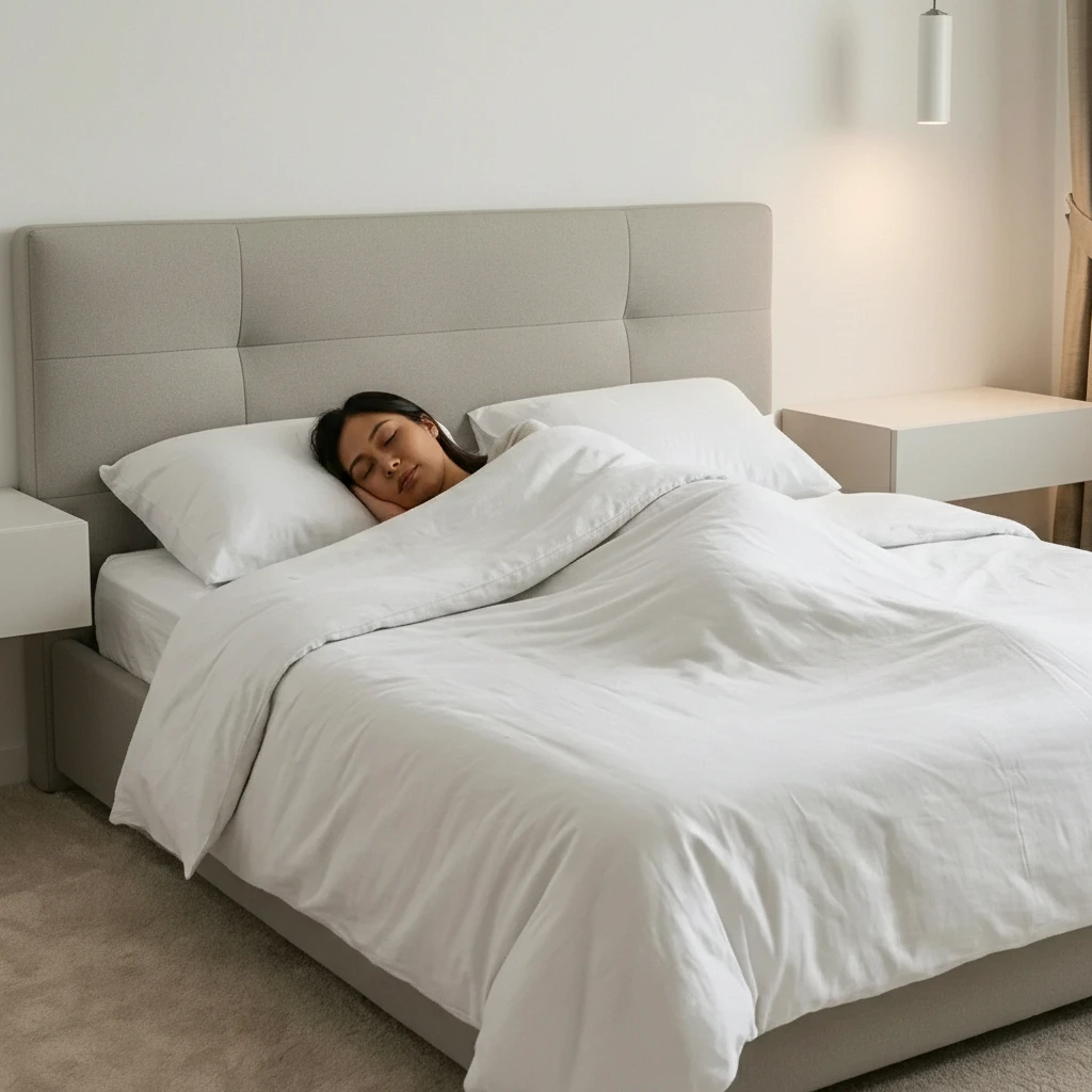 Woman sleeping peacefully under a white cooling bamboo duvet in a bright, cozy bedroom, showcasing breathable and hypoallergenic bamboo bedding for better sleep.