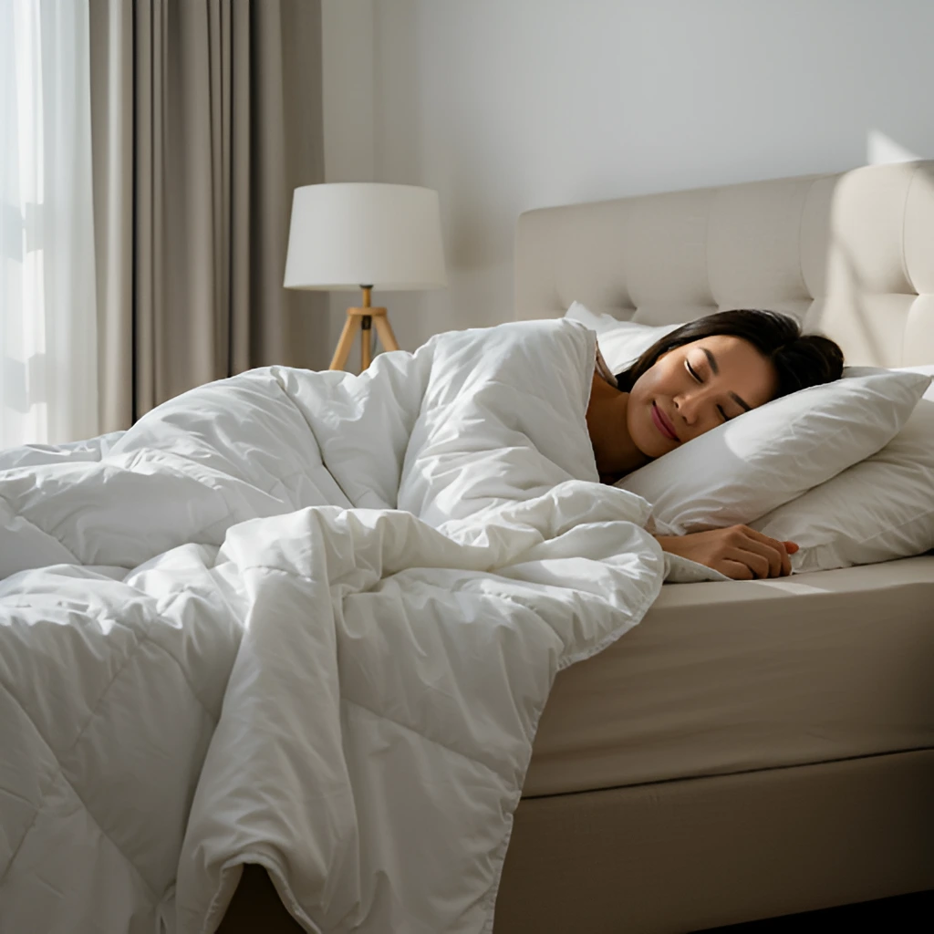 Restful Sleep with Cooling Bamboo Bedding Woman sleeping peacefully under a soft white bamboo duvet in a bright, cozy bedroom.