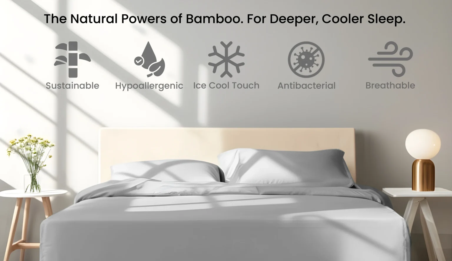 Luxurious white bamboo bed sheets on a neatly made bed, showcasing sustainable, hypoallergenic, ice cool touch, antibacterial and breathable.
