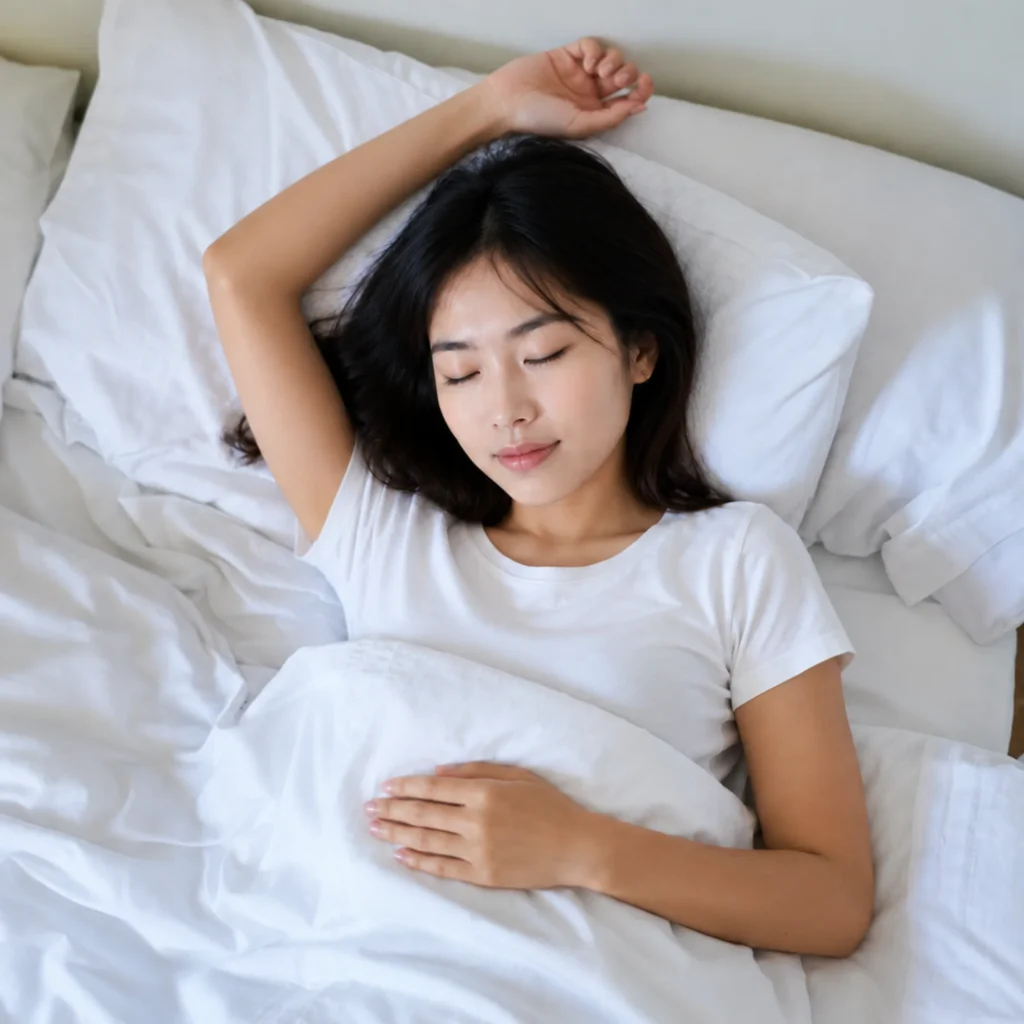 A woman lying in bed comfortably wrapped in a soft weighted blanket.
